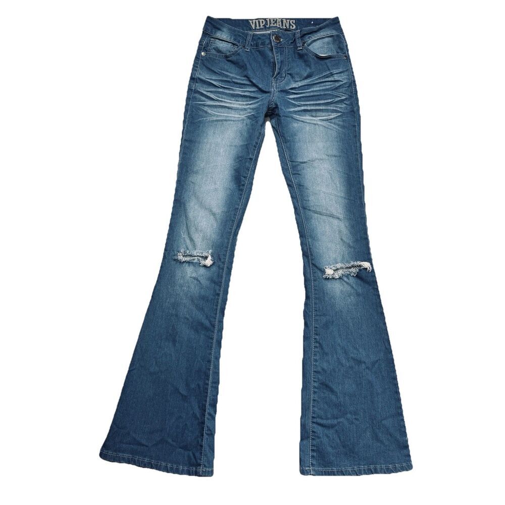 VIP Jeans Flared Pants 3/26 (26x31.5) Blue Distressed Lightweight Juniors